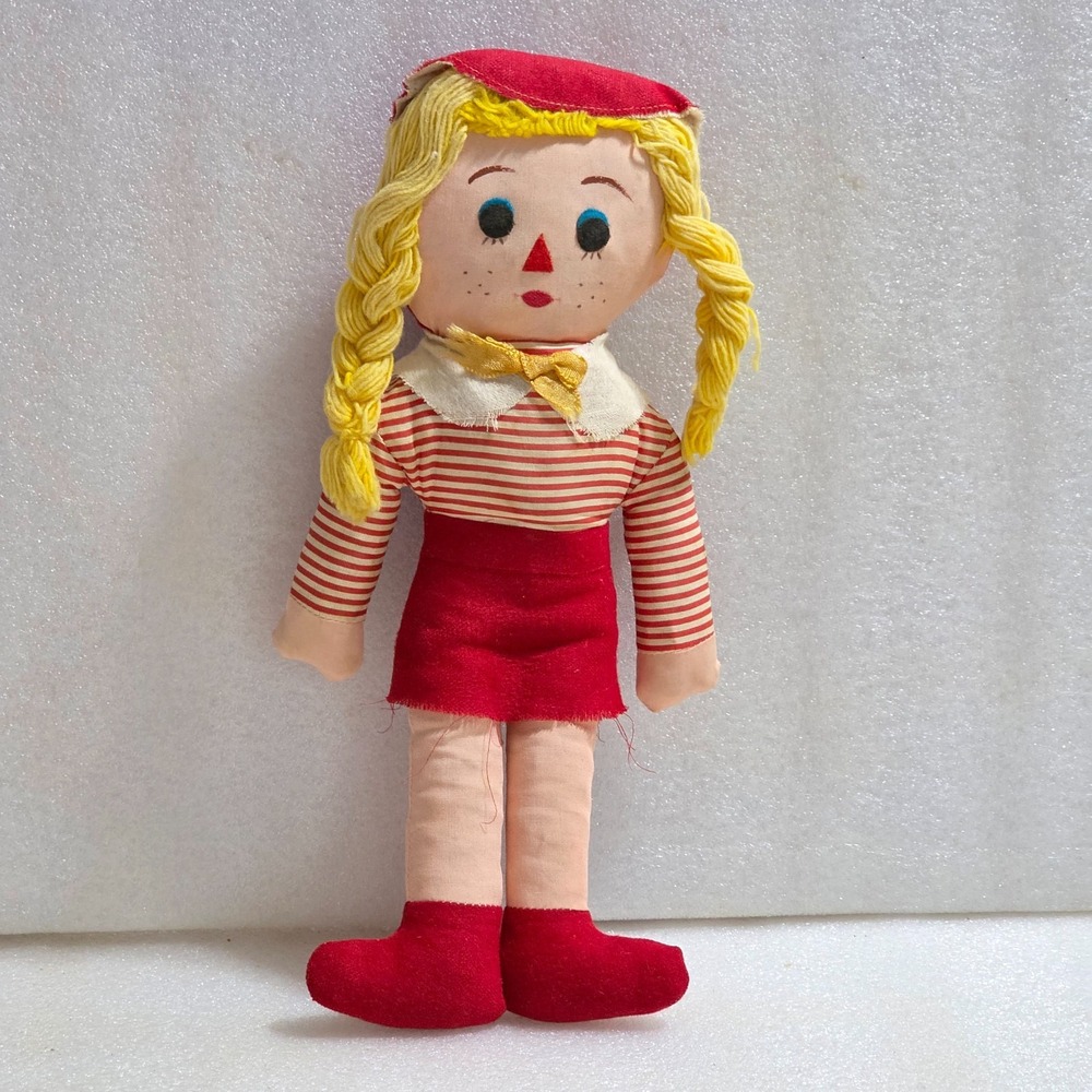 Takara Trading Co Ltd Ragdoll Vintage Blonde Braided Felt Red Stripes Soft Doll